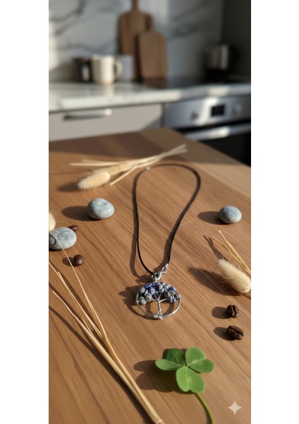 Hayat Ağacı Lapis Lazuli Kolye - Paslanmaz Çelik Siyah Zincirli Doğal Taş Kolye indirimleri