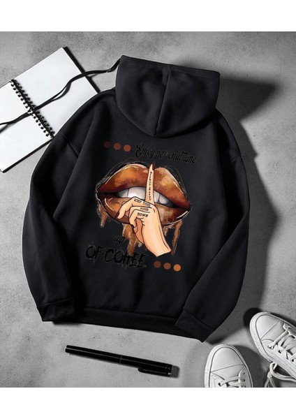 Punıx Büyük Beden Özel Tasarım Kapüşonlu Enjoy Tıme Sırt Baskılı %100 Pamuk Oversize Kadın Sweatshırt