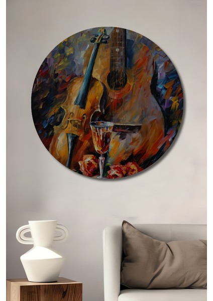 Keman Gitar Kadeh Gül Yağlı Boya Görünümlü Soyut Sanat Ahşap Dekoratif Tablo Yuvarlak Tablo