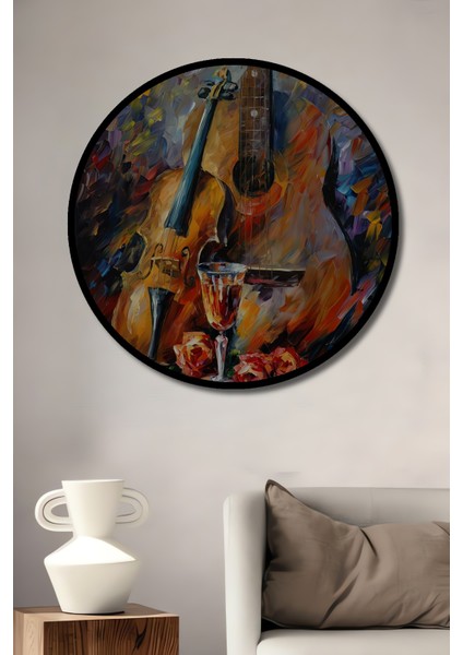 Keman Gitar Kadeh Gül Yağlı Boya Görünümlü Soyut Sanat Ahşap Dekoratif Tablo Yuvarlak Tablo fiyatları