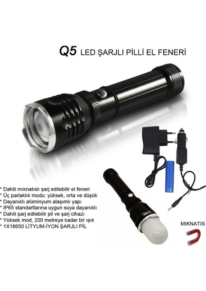 Flaşörlü Uzun Mesafeli Şarjlı Pilli Mıknatıslı El Feneri WT-282