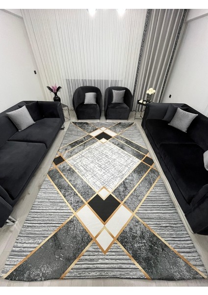 Geometrik Desen Gold Çizgili Halı Örtüsü Gri Siyah *kaymaz Tabanlı Yıkanabilir*