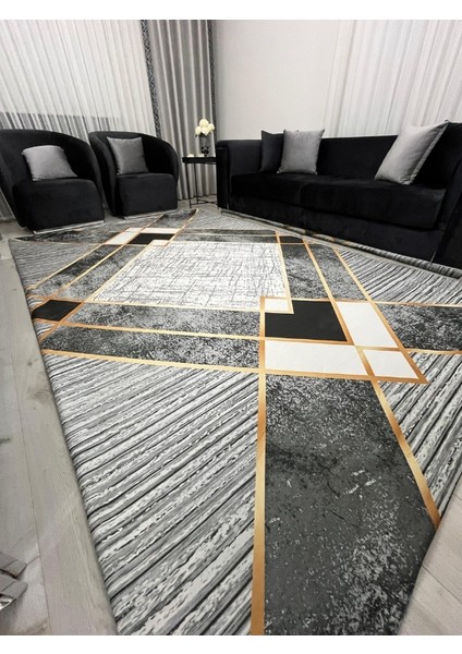 Geometrik Desen Gold Çizgili Halı Örtüsü Gri Siyah *kaymaz Tabanlı Yıkanabilir* modelleri