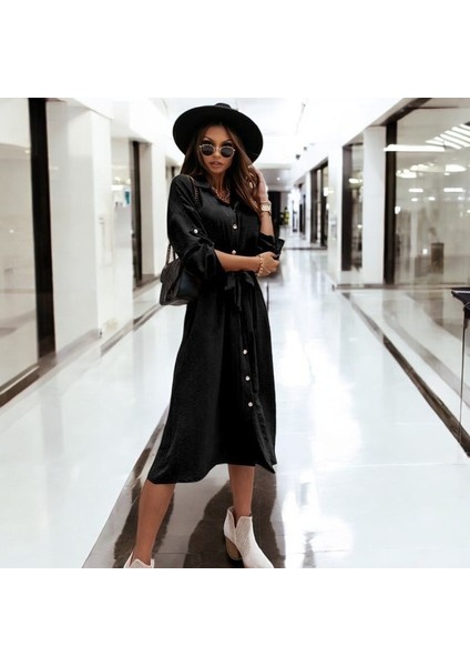 Düğmeli Kemerli Gömlek Yaka Keten Elbise fırsatları