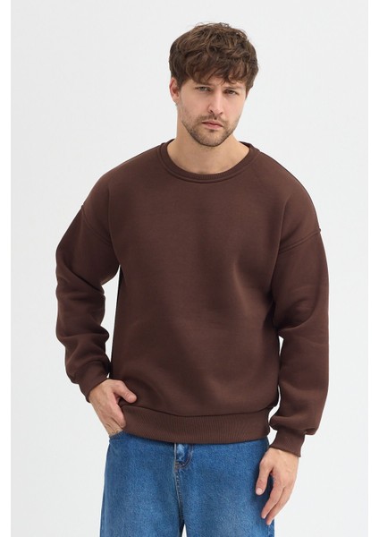 Kahverengi Bisiklet Yaka Erkek Oversize Sweatshirt Pamuklu Basic 3 Iplik Şardonlu