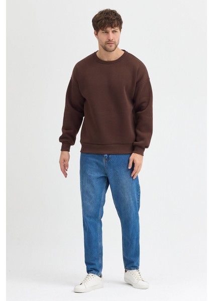 Kahverengi Bisiklet Yaka Erkek Oversize Sweatshirt Pamuklu Basic 3 Iplik Şardonlu fiyatları