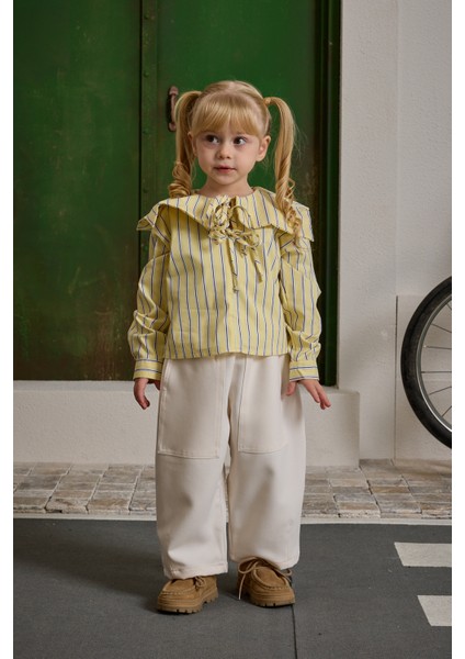 Bağcık Detaylı Çizgili Gömlek Sarı