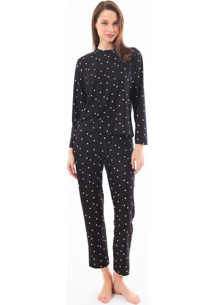 Premium Kadın Pijama Takımı Siyah Kalp Desenli Yumuşak Dokulu Bisiklet Yaka Uzun Kollu