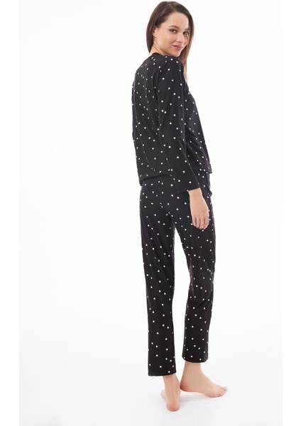 Premium Kadın Pijama Takımı Siyah Kalp Desenli Yumuşak Dokulu Bisiklet Yaka Uzun Kollu fiyatları