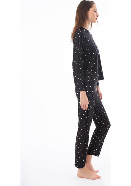 Premium Kadın Pijama Takımı Siyah Kalp Desenli Yumuşak Dokulu Bisiklet Yaka Uzun Kollu modelleri