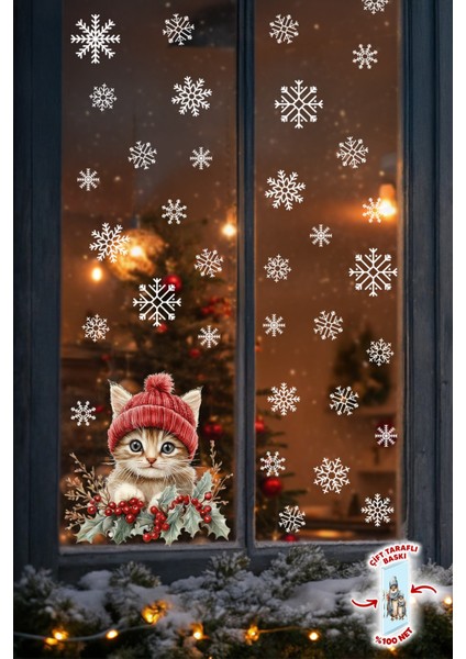 Sevimli Kedi & Kar Taneleri Cam Süsü – Çift Taraflı Baskı %100 Net Görünüm - Yılbaşını Bekleyen Kedi modelleri