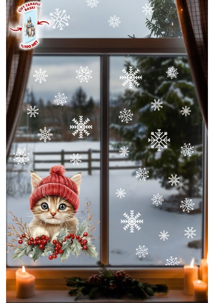 Sevimli Kedi & Kar Taneleri Cam Süsü – Çift Taraflı Baskı %100 Net Görünüm - Yılbaşını Bekleyen Kedi