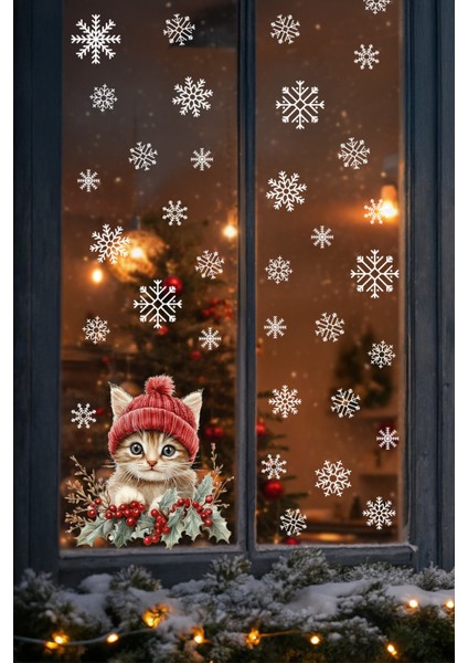 Sevimli Kedi & Kar Taneleri Cam Süsü – Çift Taraflı Baskı %100 Net Görünüm - Yılbaşını Bekleyen Kedi fırsatları