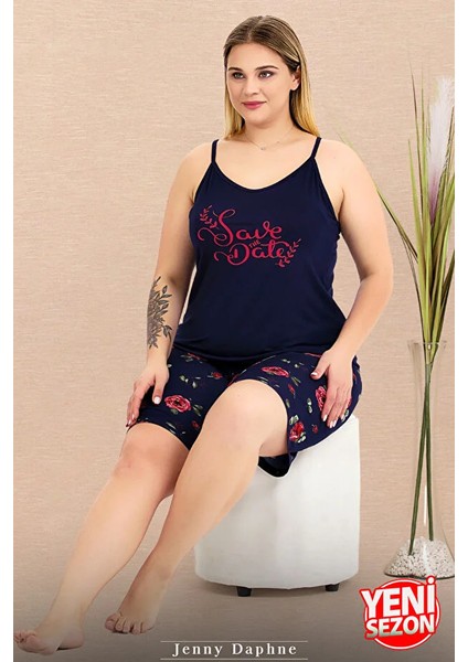 Lady Büyük Beden Çiçek Desenli Şort Ince Askılı Şortlu Pijama Takımı