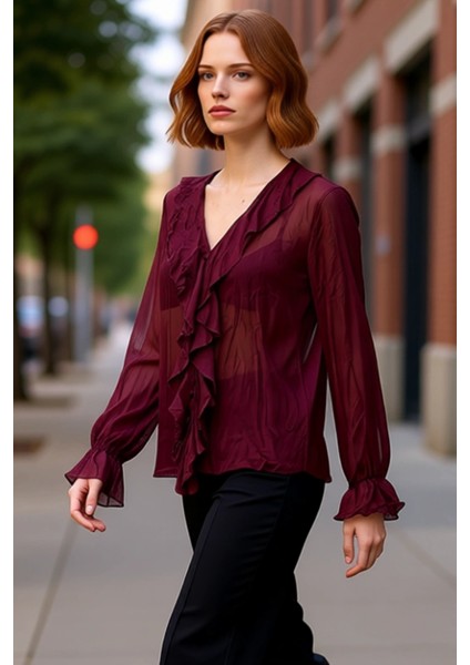 Kadın Kırışık Görünümlü Şifon Bluz V Yaka Uzun Kollu Günlük Şık Gömlek Tasarımı Fonksiyonel