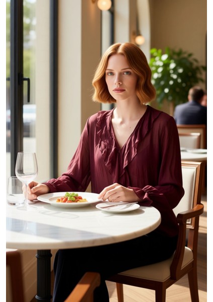 Kadın Kırışık Görünümlü Şifon Bluz V Yaka Uzun Kollu Günlük Şık Gömlek Tasarımı Fonksiyonel fiyatları