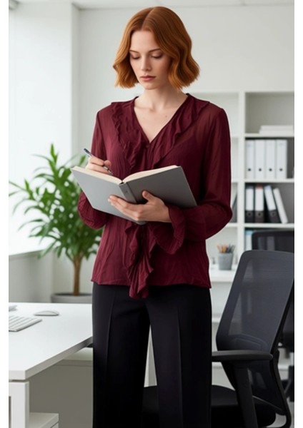 Kadın Kırışık Görünümlü Şifon Bluz V Yaka Uzun Kollu Günlük Şık Gömlek Tasarımı Fonksiyonel modelleri