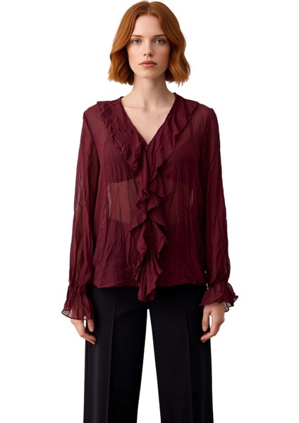 Kadın Kırışık Görünümlü Şifon Bluz V Yaka Uzun Kollu Günlük Şık Gömlek Tasarımı Fonksiyonel fırsatları