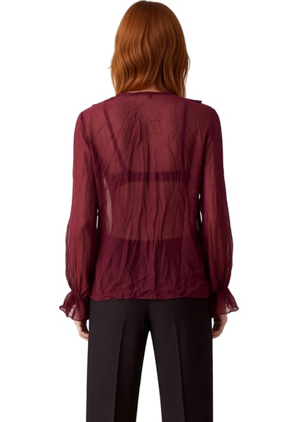 Kadın Kırışık Görünümlü Şifon Bluz V Yaka Uzun Kollu Günlük Şık Gömlek Tasarımı Fonksiyonel indirimleri