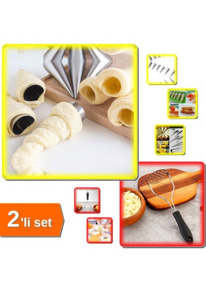 Plastik Saplı Püre Ezici + 6 Adet Kornet Kurabiye Kalıbı - 2li Mutfak Seti – Ezkrn3