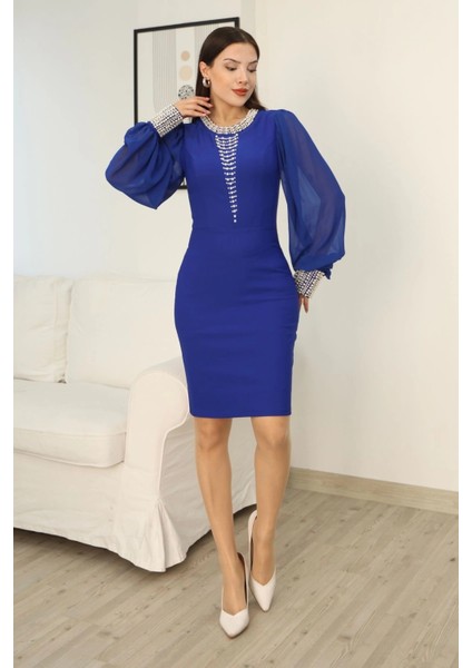 Inci Süsleme Detaylı Midi Abiye Elbise 2335-SAKS