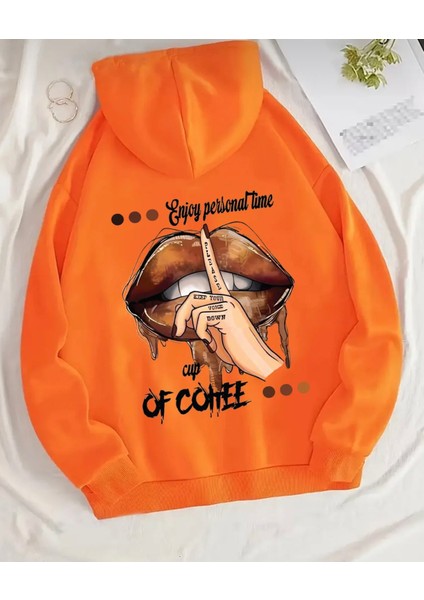 Punıx Büyük Beden Özel Tasarım Kapüşonlu Enjoy Tıme Sırt Baskılı %100 Pamuk Oversize Kadın Sweatshırt