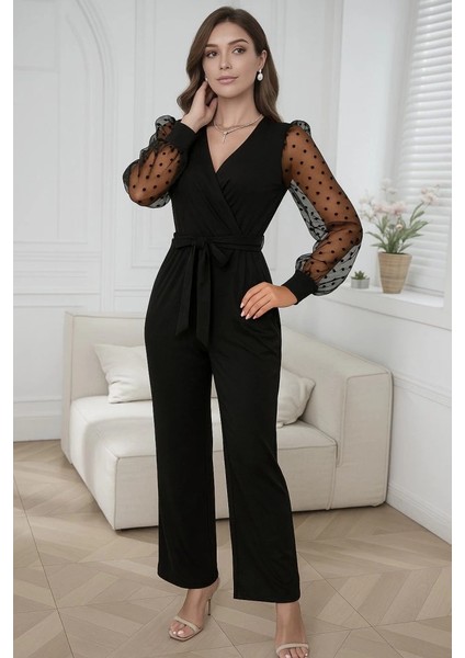 Kadın Uzun Kollu Kolları Tül Detaylı Kruvaze Yakalı Beli Kuşaklı Ithal Krep Tulum modelleri