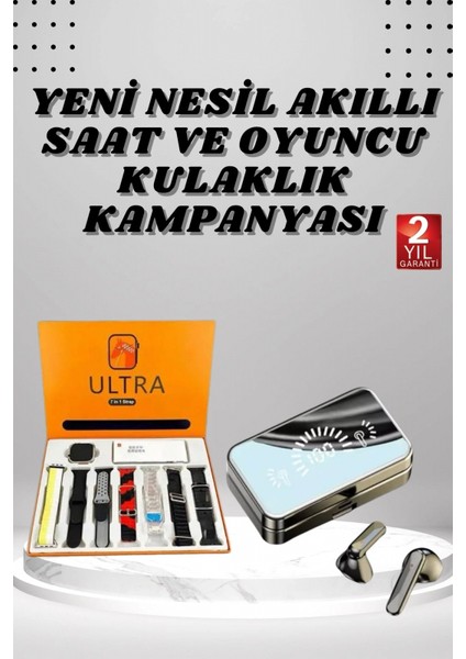 Aynalı Bluetooth Kulaklık ve 7 Kordonlu Akıllı Saat Dijital Göstergeli Uzun Pil Ömrü