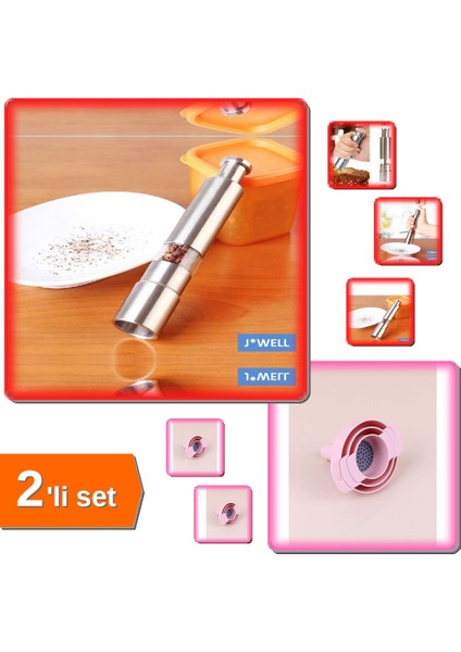 Baharat Değirmeni Paslanmaz Çelik + 3’lü Süzgeçli Huni - 2’li Set – Hızlı ve Kolay F4G5H6