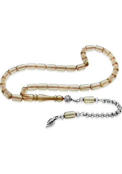 Ateş Kehribar Tesbih - Kararmaz Metal Püsküllü - Mini Boy - Şeffaf Beyaz Renk - Kapsül Kesim