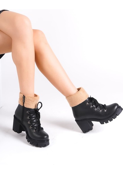 Joss Bağcıklı Fermuarlı Ortopedik Taban Topuklu Kürk Detaylı Cilt Kadın Bot St Siyah fırsatları