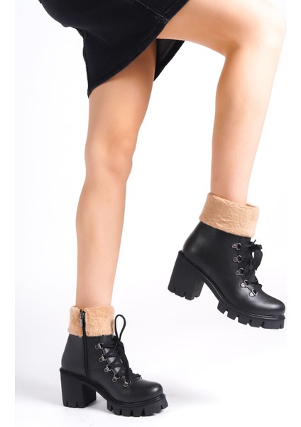 Joss Bağcıklı Fermuarlı Ortopedik Taban Topuklu Kürk Detaylı Cilt Kadın Bot St Siyah indirimleri