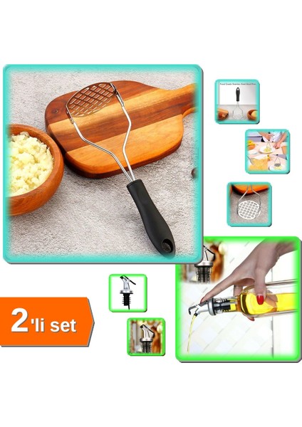 Renkli Plastik Saplı Paslanmaz Metal Patates Ezici + Kapaklı Şişe Ucu Servis Aparatı - 2li Set X1Y2Z3