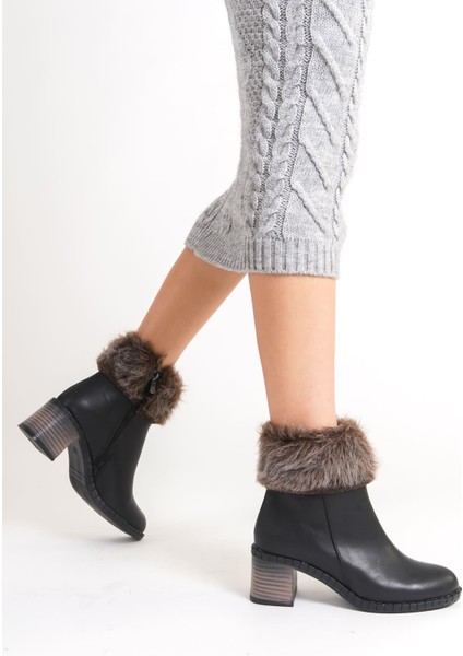 Inka Fermuarlı Ortopedik Taban Suya ve Soğuğa Dayanıklı Tüylü Topuklu Kadın Bot St Siyah indirimleri