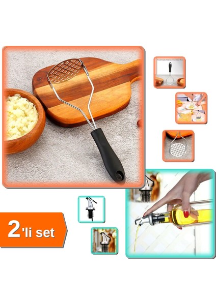 3 Adet Kapaklı Şişe Ucu Servis Aparatı + Plastik Saplı Paslanmaz Metal Patates Ezici - 2li Set DEF456