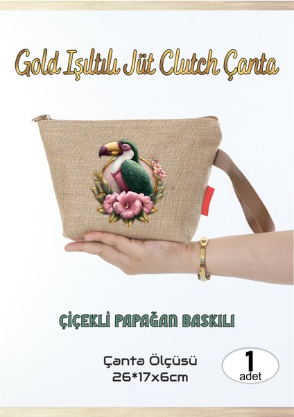 Gold Işıltılı Jüt Clutch Çanta Çiçekli Papağan 1 Adet