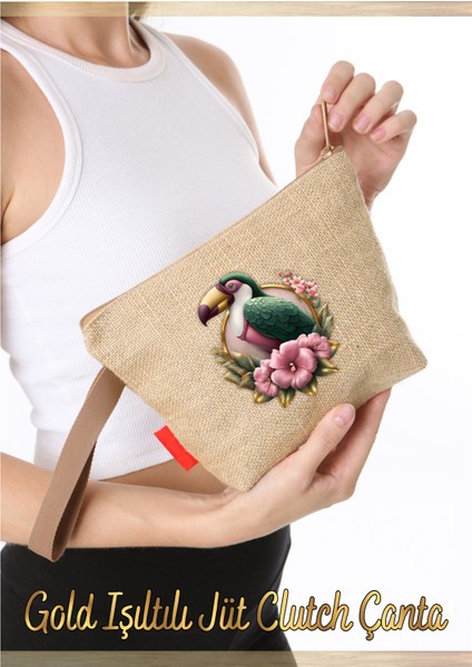 Gold Işıltılı Jüt Clutch Çanta Çiçekli Papağan 1 Adet fiyatları