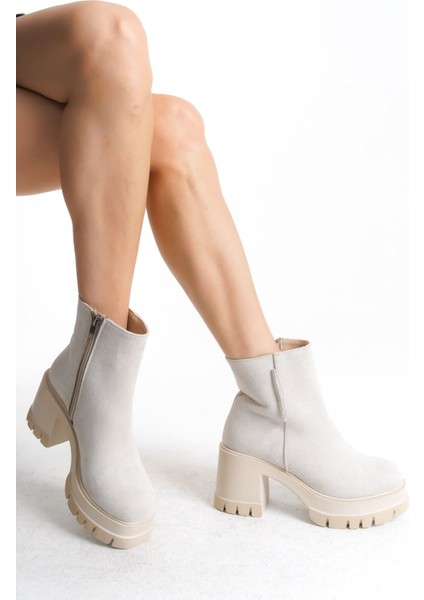 Natalıa Fermuarlı Ortopedik Taban Suya ve Soğuğa Dayanıklı Kalın Topuklu Süet Kadın Bot Kt Krem modelleri