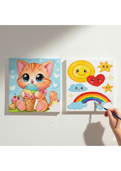 TATİL-KARNE HEDİYESİ 2'li Tuval Boyama Seti 20X20 cm Uv Baskı 6 Akrilik Boya 1 FIRÇA-MODEL-286