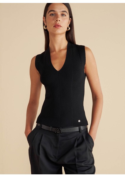 V Yaka Standart Siyah Kadın Kazak Derin V Yaka Rayon Triko Bluz