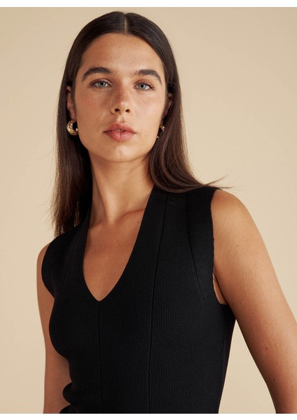 V Yaka Standart Siyah Kadın Kazak Derin V Yaka Rayon Triko Bluz fırsatları