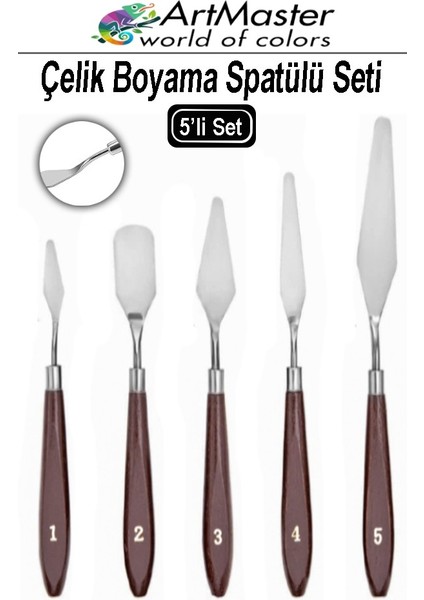 Çelik Boyama Spatülü 5 Li Spatül Resim ve Heykel Çelik Spatula Esnek Çelik Palet Bıçağı Pasta Spatulası 1 Paket