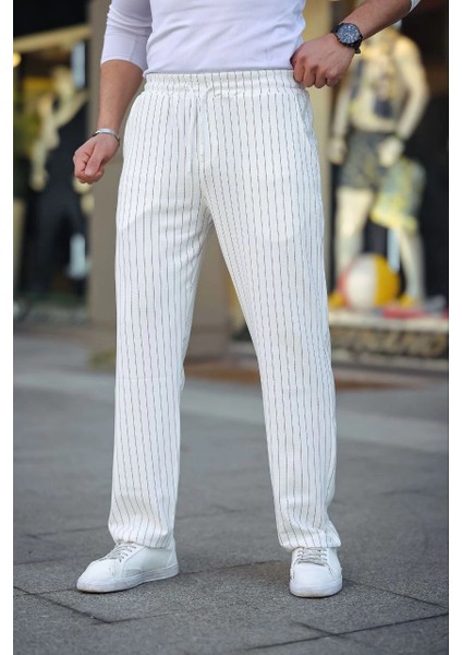 Erkek Cizgili Dokuma Krep Jogger Buggy Pantalon Rahat Kalıp - Beyaz modelleri