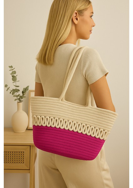 Halat Örgü Hasır Çevre Dostu Şık Çift Renkli Büyük Boy Plaj Çantası Kadın El ve Omuz Çantası