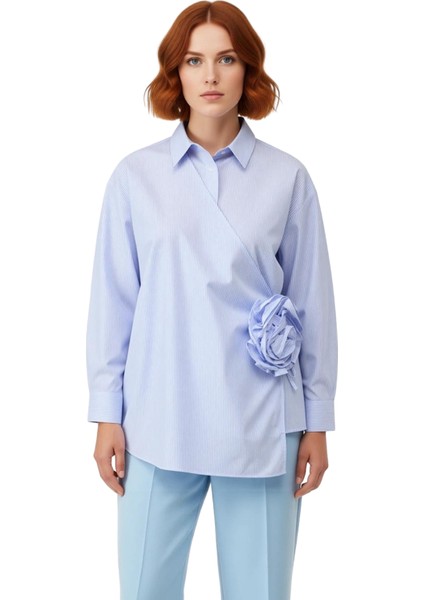 Kadın Için Çizgili Wrap Gömlek Gül Detaylı Fonksiyonel Dayanıklı Kaliteli Konforlu Estetik