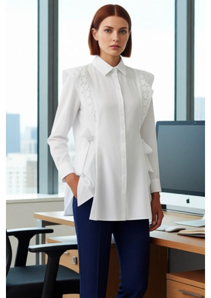 Kadın Brodeli Dokuma Gömlek Zarif Detaylarla Zenginleştirilmiş Günlük Şıklık Fonksiyonel Şık fırsatları