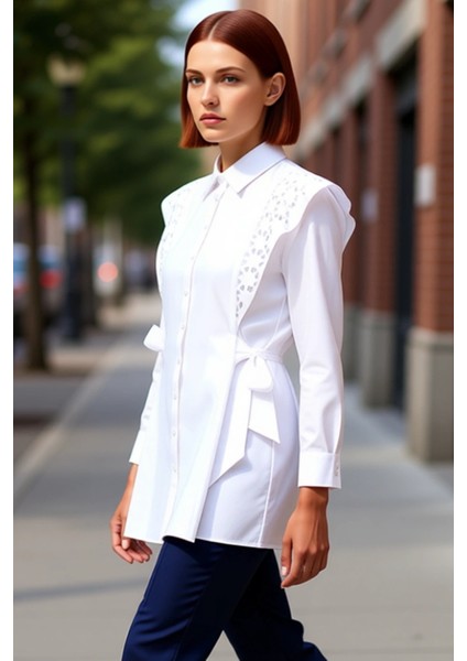 Kadın Brodeli Dokuma Gömlek Zarif Detaylarla Zenginleştirilmiş Günlük Şıklık Fonksiyonel Şık indirimleri