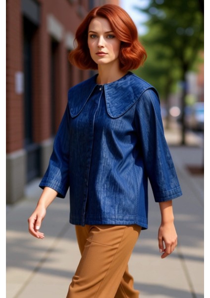 Kadin Bebek Yaka Duz Denim Gömlek Fonksiyonel Dayanıklı Kaliteli Konforlu Estetik Premium Şık
