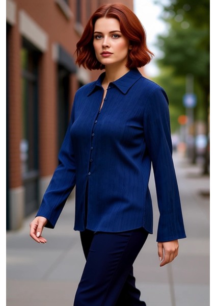 Dokulu Dokuma Gömlek Bele Oturan Kalıbı Uzun Kolları Şık Bir Görünüm Kadın Giyim Koleksiyonu