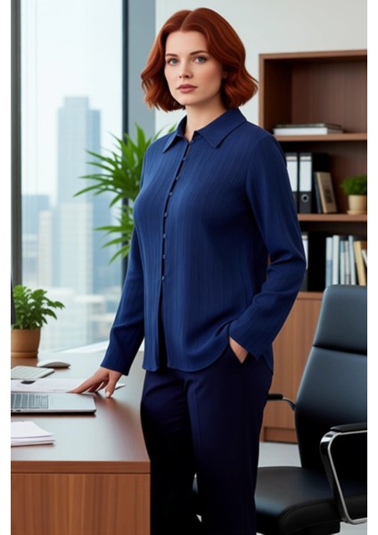 Dokulu Dokuma Gömlek Bele Oturan Kalıbı Uzun Kolları Şık Bir Görünüm Kadın Giyim Koleksiyonu modelleri